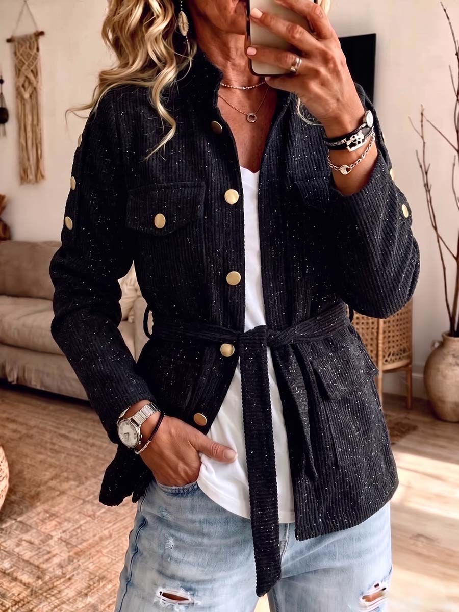 Women's Speckled Tweed-like Button-down Jacket With Tie Belt