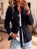 Women's Speckled Tweed-like Button-down Jacket With Tie Belt