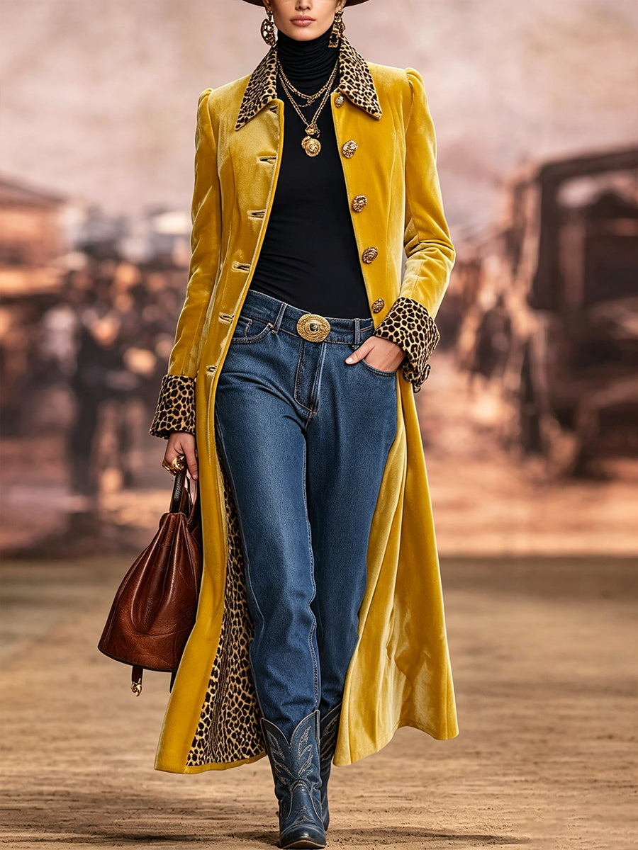 Vintage-style Bohemian Long Coat Featuring Velvet Paneling And Leopard-print Trim.