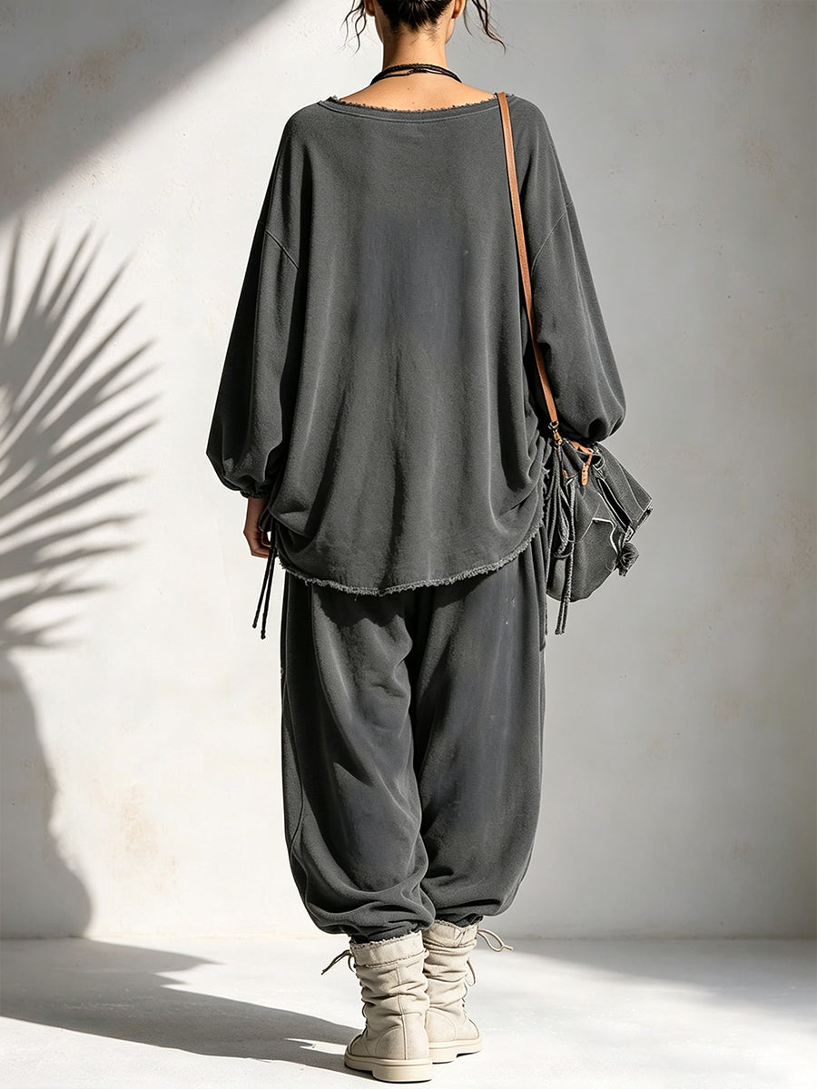 Relaxed-fit Casual Cotton Sweatshirt Set With "star Patchwork" And Raw-edge Detailing.