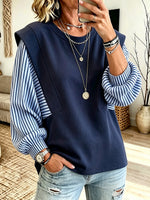 Casual Cotton Knit Sweatshirt With Striped Sleeve Panels