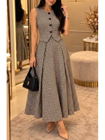 Vintage-style Plaid Cotton Vest And Skirt Two-piece Set