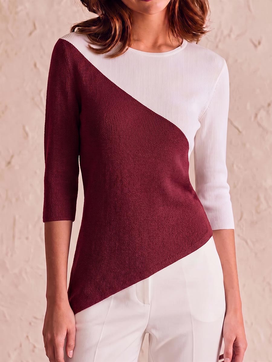 Women's Round Neck 3/4 Sleeve Casual Loose Color-blocked Pullover Knit Sweater