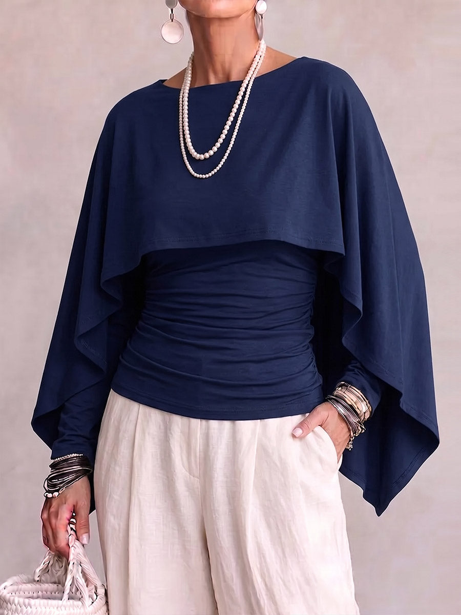 Women's Solid Color Round Neck Long-sleeved Casual Loose Cape-style Top