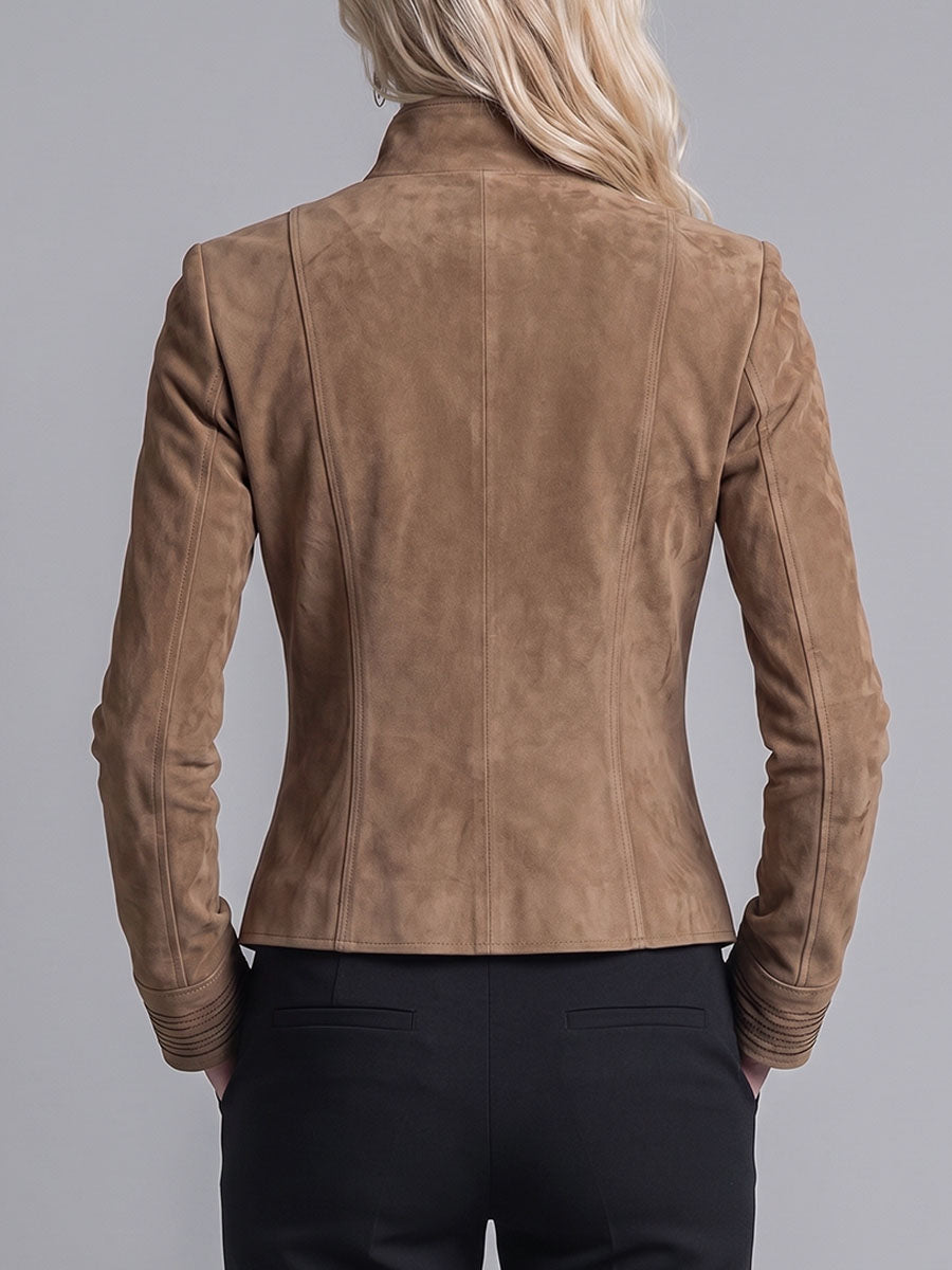 Women's Solid Color Stand Collar Long-sleeved Faux Suede Jacket