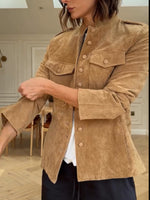Retro-casual Suede Military-style Jacket With A Stand Collar