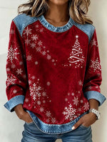 Women's Christmas Snowflake Print Top With Denim Accents