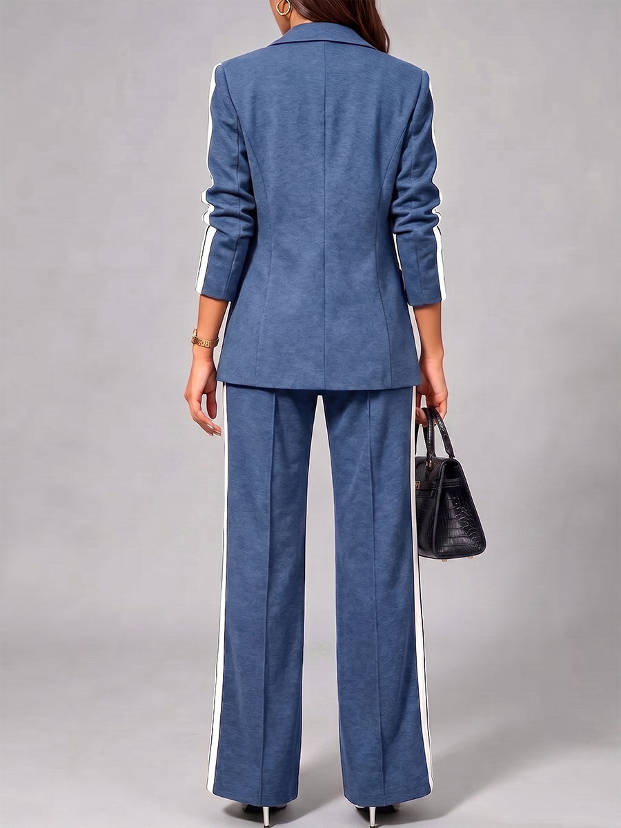 Women's Collared Long-sleeved Casual Loose Color-blocked Jacket And High-waisted Casual Loose Color-blocked Wide-leg Pants Suit