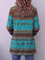 Women's Retro Geometric Print Lapel Long Sleeve Casual Loose Cotton Cardigan