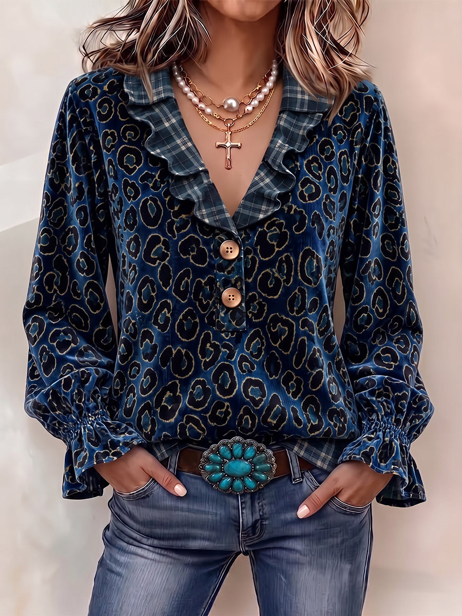 Velvet Leopard & Plaid Accent V-Neck Top