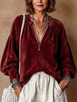 Women's Solid Color V-neck Long-sleeve Loose-fit Suede Pullover Top