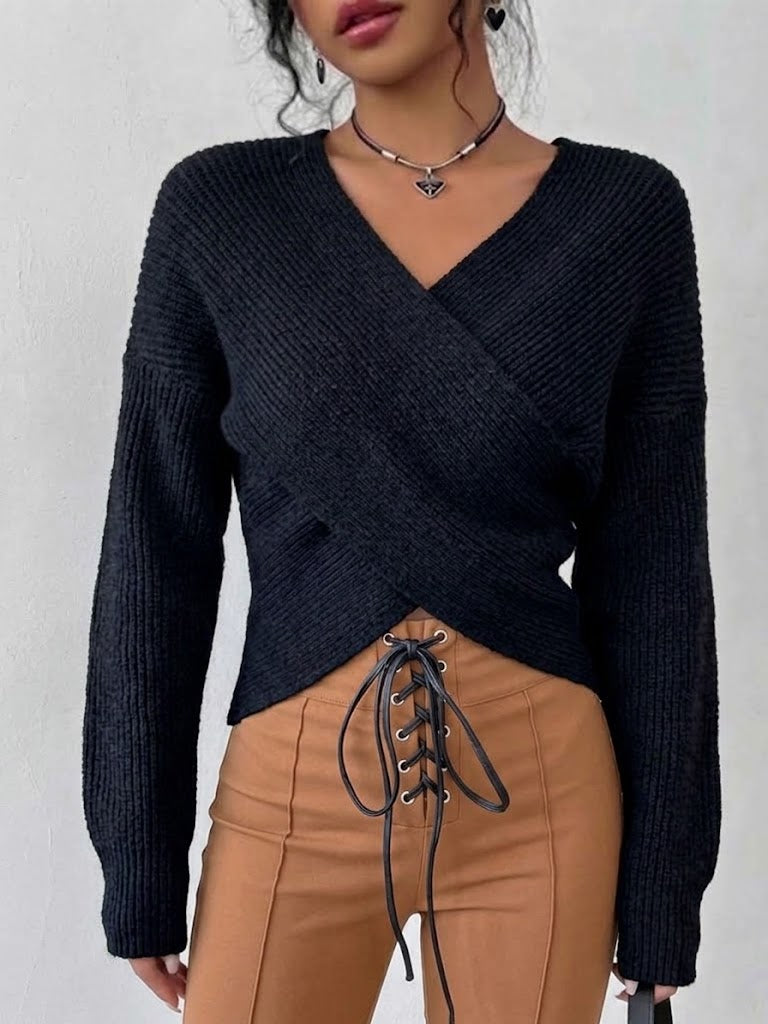 Solid-color Off-shoulder Knit Top With A Crossover V-neck