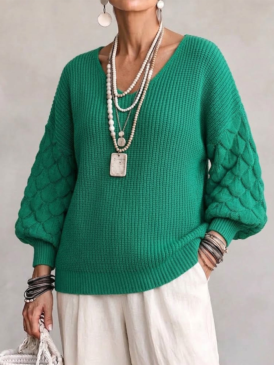 V-neck Argyle Cable-knit Lantern-sleeve Loose Pullover