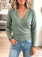 Women's Solid Color V-neck Long Sleeve Casual Loose Knitted Pullover