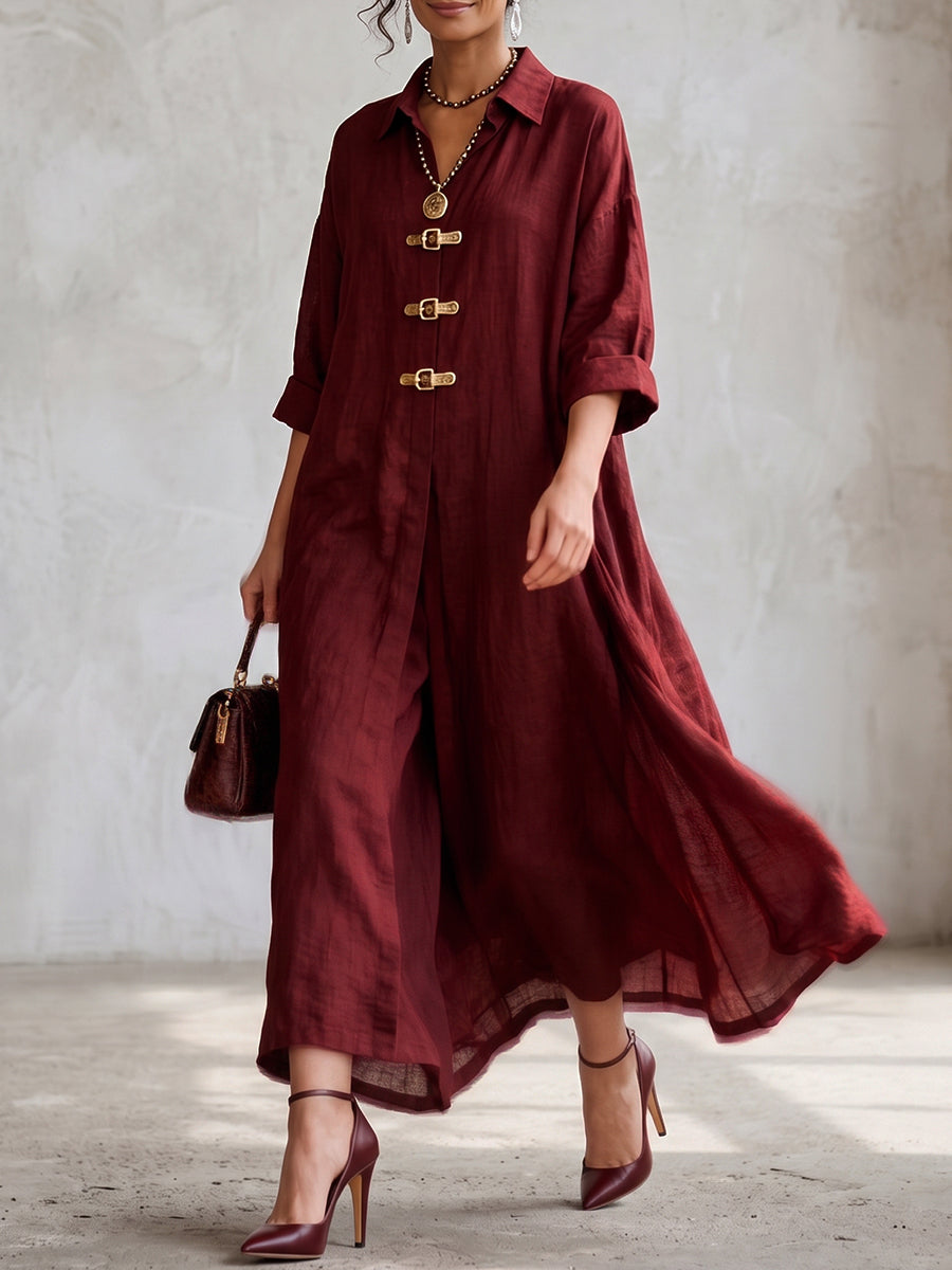 Elegant Linen-Blend Maxi Shirtdress & Pants Set