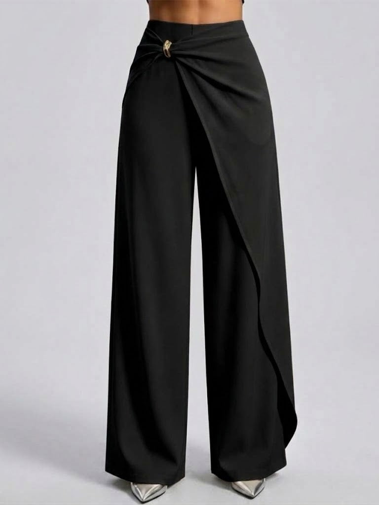High Waist Twisted Metal Buckle Asymmetric Draped Wide Leg Pants