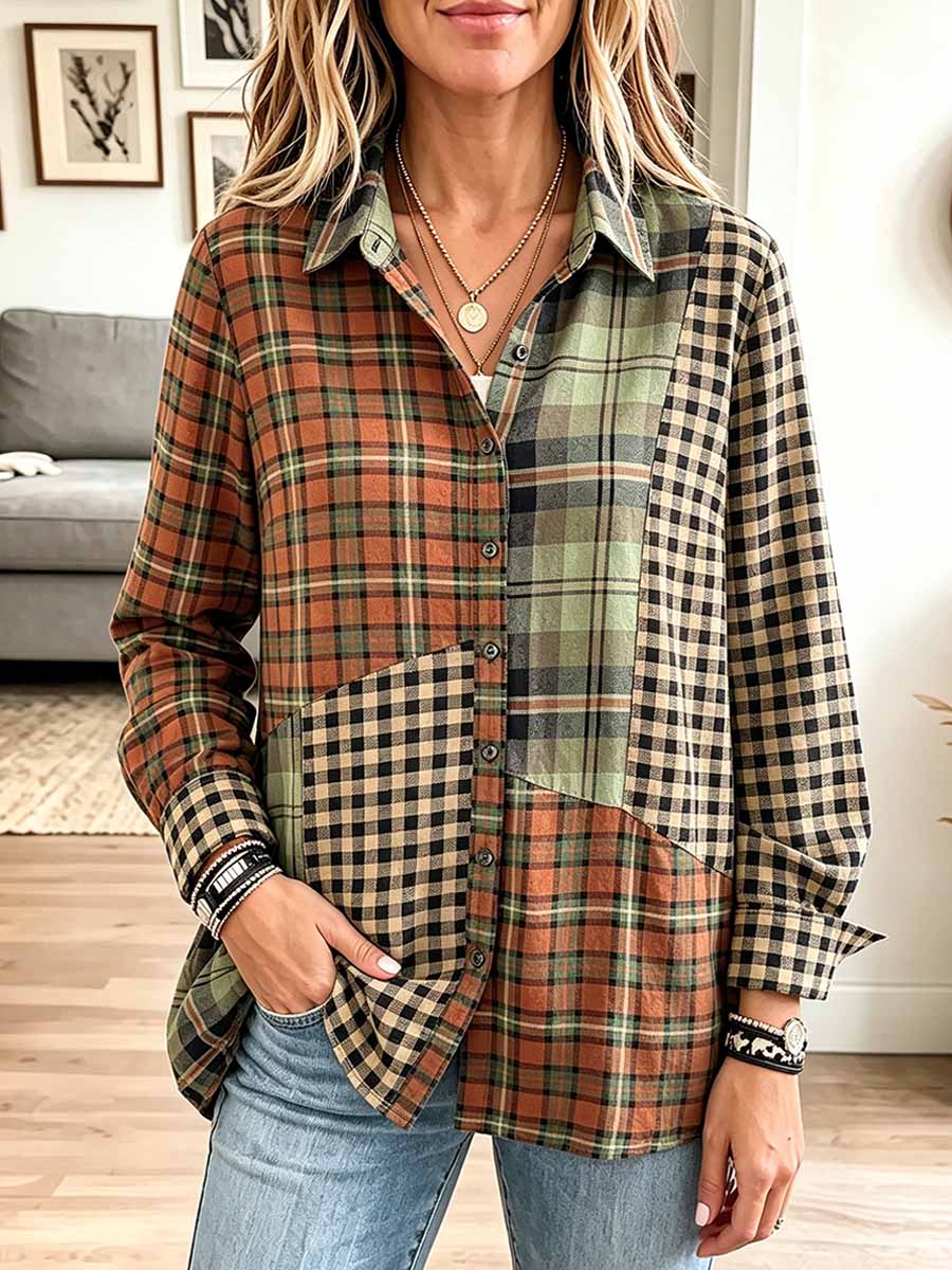 Women's Plaid Print Patchwork Collared Long-sleeved Casual Loose Cotton Linen Shirt