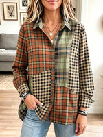 Women's Plaid Print Patchwork Collared Long-sleeved Casual Loose Cotton Linen Shirt