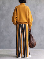 Cozy Casual Stand Collar Striped Color Block Two-piece Set