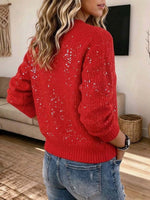 Women's V-neck Red Sequin Button-down Knit Cardigan