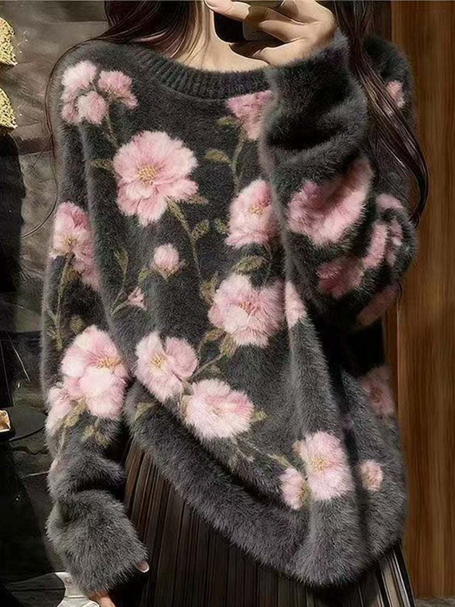 High Quality Comforable Warm Floral Fluffy Knit Sweater