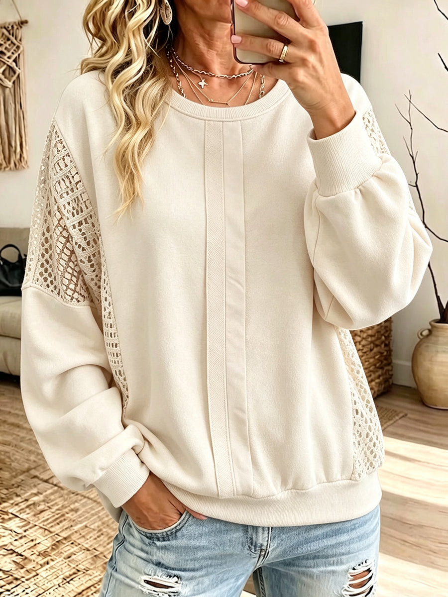 Casual Oversized Cotton Sweatshirt With Lace Paneling