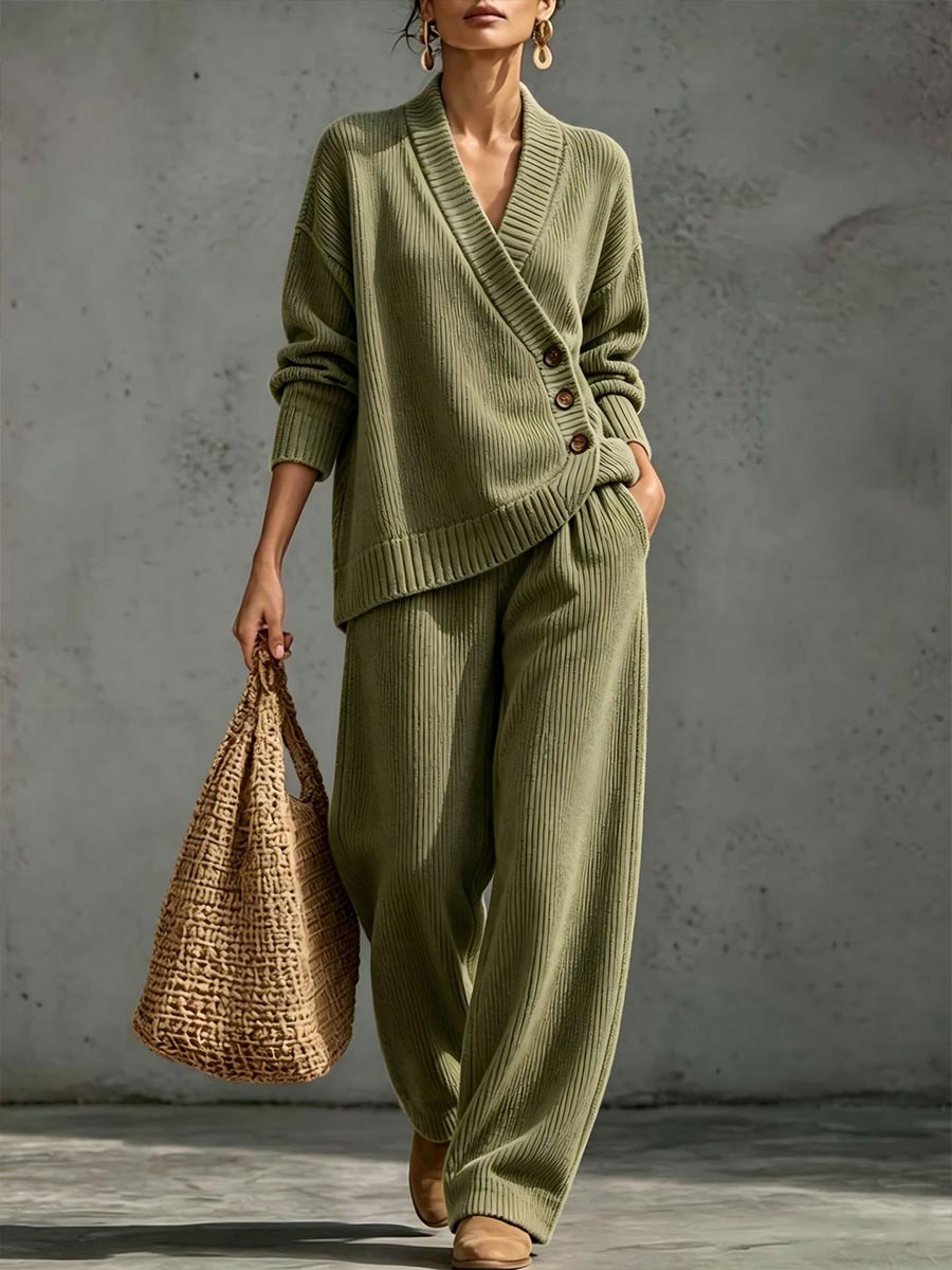 Women's Ribbed Knit Two-piece Lounge Set With Asymmetrical Buttons