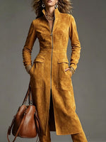 Women's Faux Suede Long Coat With Front Zipper And Large Pockets