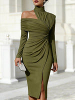 Women's Solid Color Stand Collar Off-shoulder Long Sleeve Casual Loose Bodycon Dress