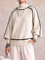 Women's High-neck Long-sleeved Casual Loose Color-blocked Pullover Knit Sweater