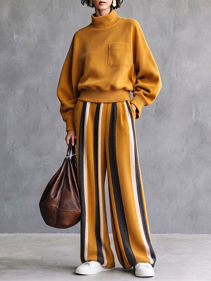 Cozy Casual Stand Collar Striped Color Block Two-piece Set