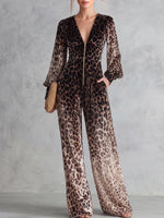 Women's Leopard Print V-neck Long Sleeve Casual Loose Velvet Wide-leg Jumpsuit