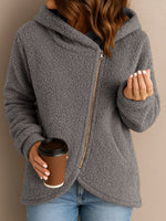 Casual Faux-shearling Hooded Jacket With Diagonal Zipper