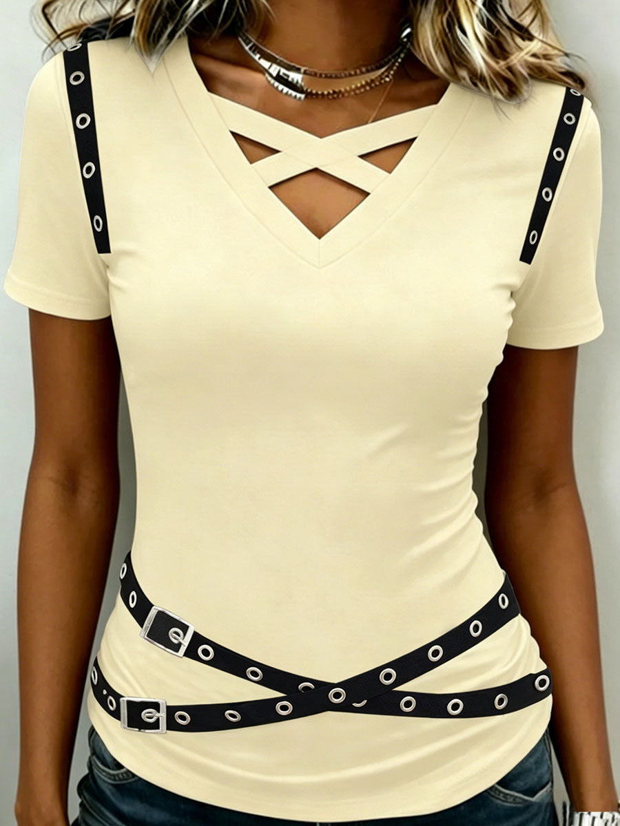 Chic Criss-cross V-neckline Stretchy Top