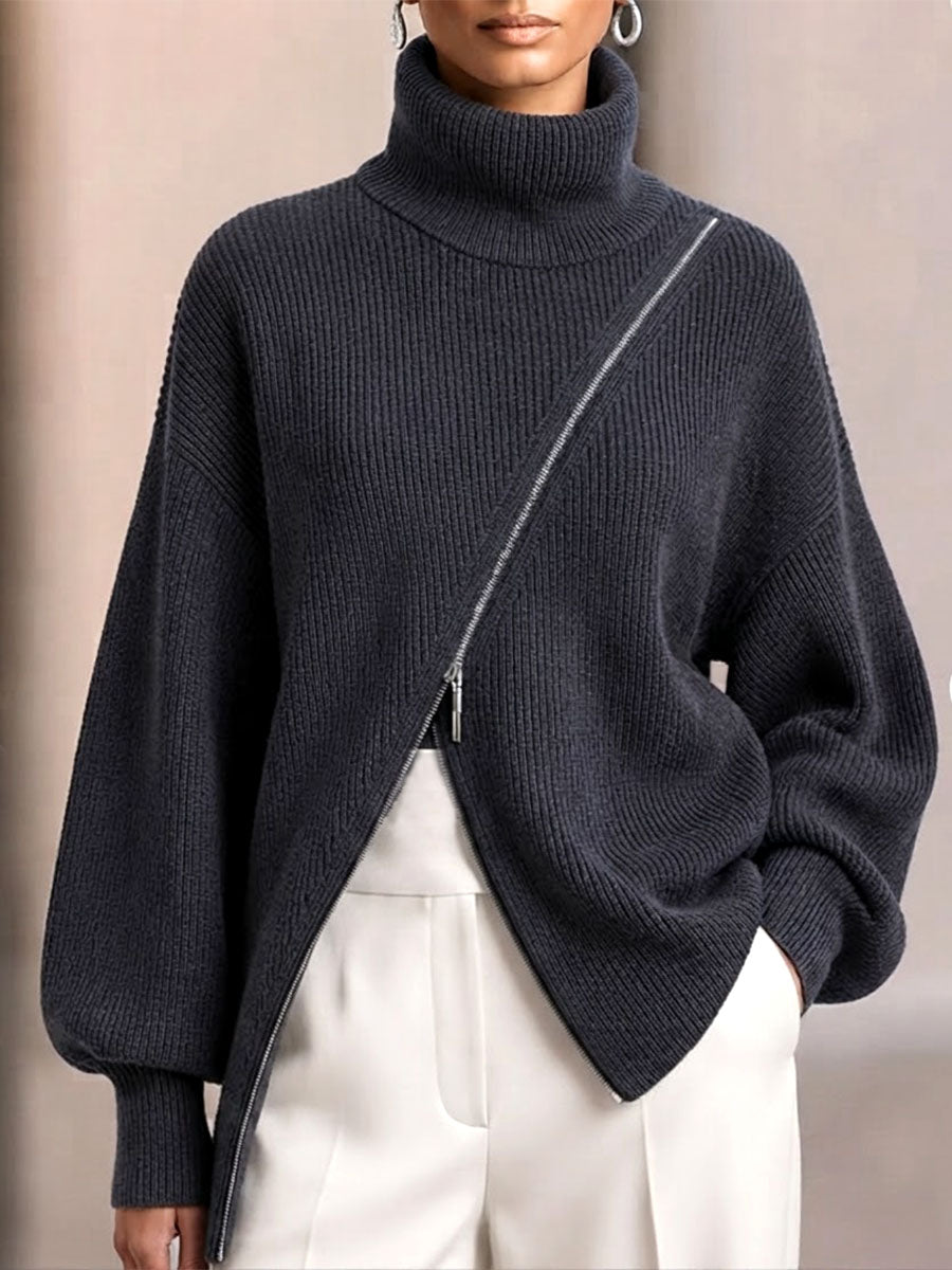 Asymmetric Zip-front Turtleneck Knit Sweater