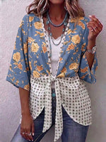Floral & Dot Spliced V-neck Tie Front 3/4 Sleeve Blouse