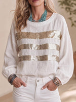 Women's Round Neck Long-sleeved Sequined Patchwork Casual Loose Cotton And Linen Top