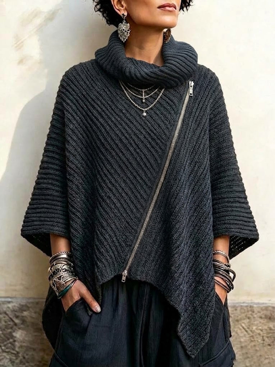 Vintage-style Chunky-knit Top With An Asymmetrical Zipper