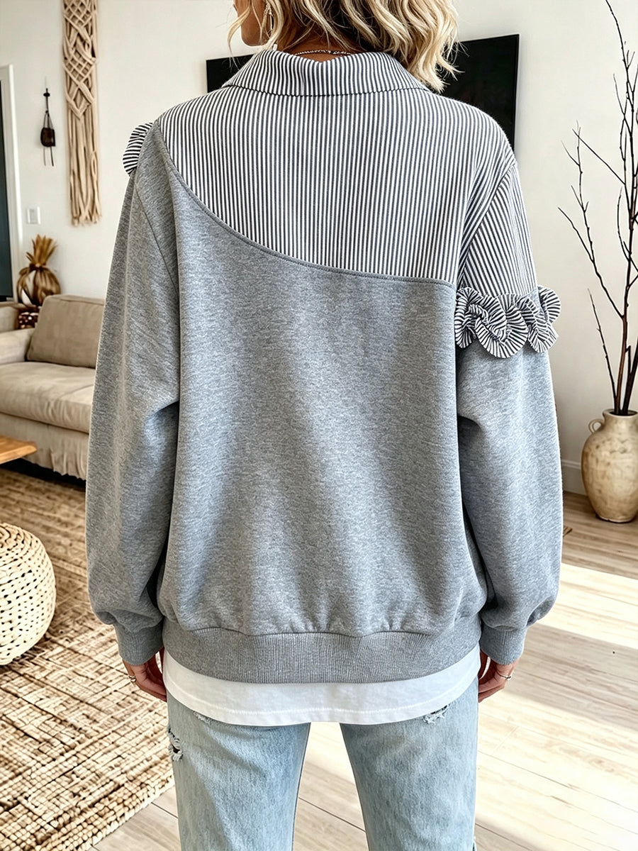 Casual Cotton Sweatshirt With Striped Ruffle Panels