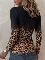 Women's Gradient Leopard Print Cut-out Crew Neck Lace-up Long-sleeve Slim-fit Casual Top