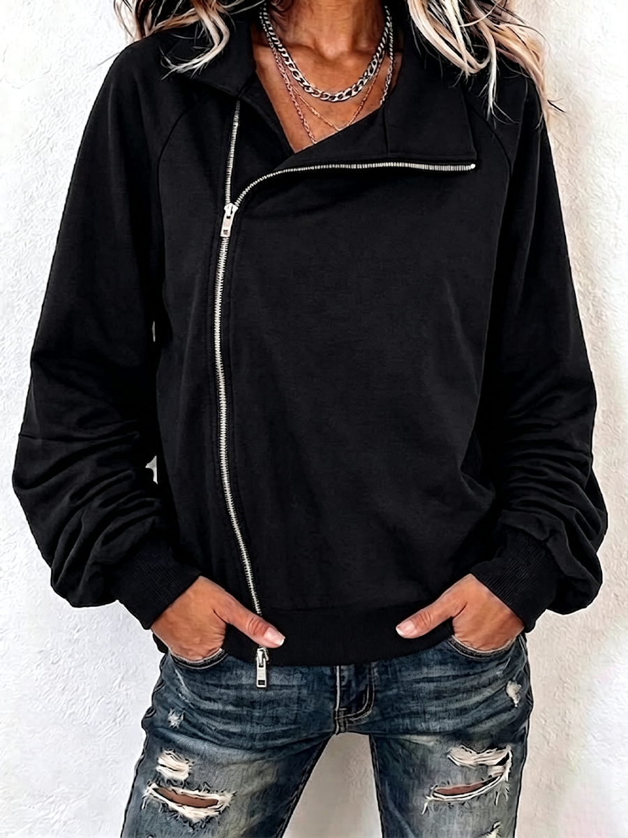 Diagonal Zip‑up Lapel Collar Raglan Sweatshirt Jacket