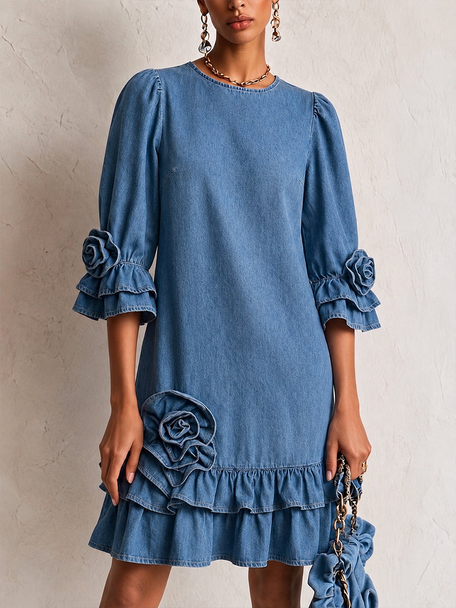 Elegant Ruffled Denim Dress