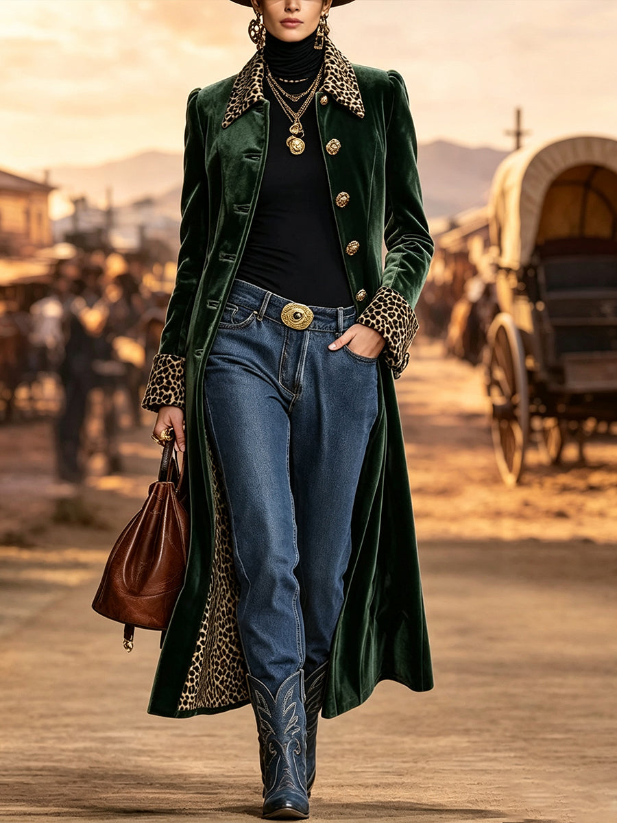 Vintage-style Bohemian Long Coat Featuring Velvet Paneling And Leopard-print Trim.
