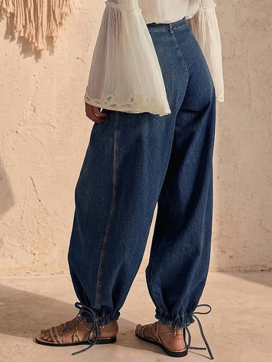 Pleated Mid-rise Loose Wide-leg Lotus-style Jeans