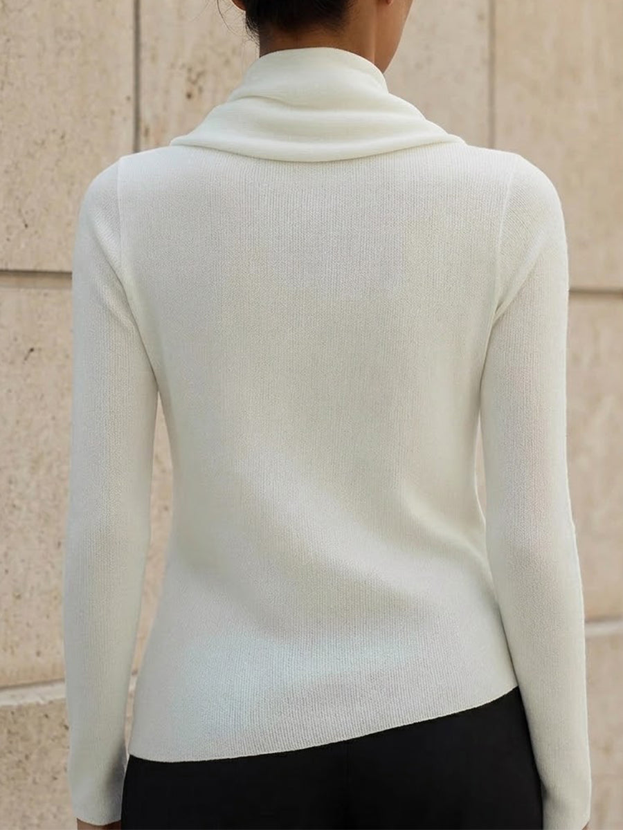 Solid-color Knit Sweater With An Asymmetric Cowl Neck
