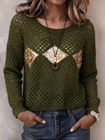 Women's Olive Green Hollow Out Crochet Sweater With Sequin Diamonds