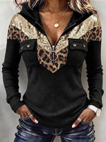 Stylish Leopard-print Sequin-panel Ribbed Hoodie