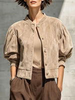 Chic Faux Suede Cropped Jacket With Puff Sleeves