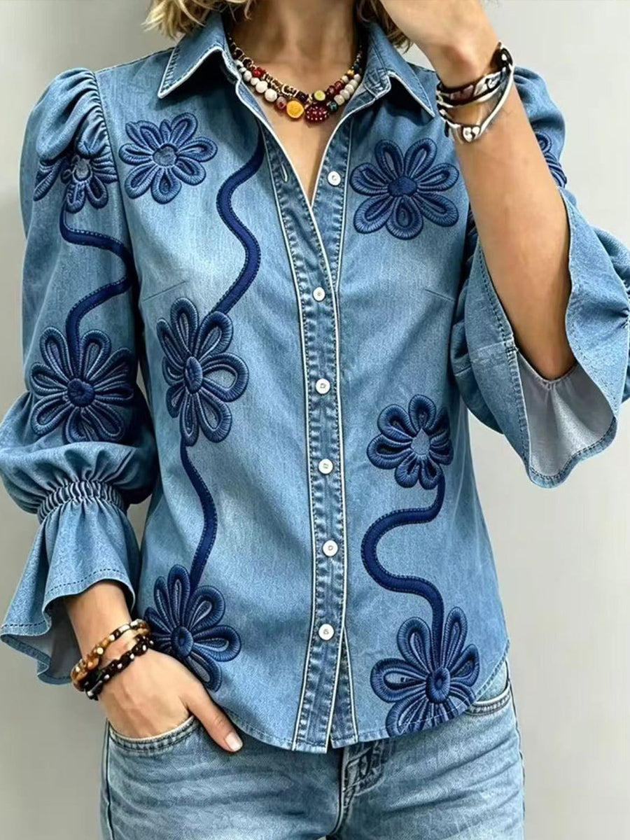 Vintage Floral Embroidered Denim Shirt