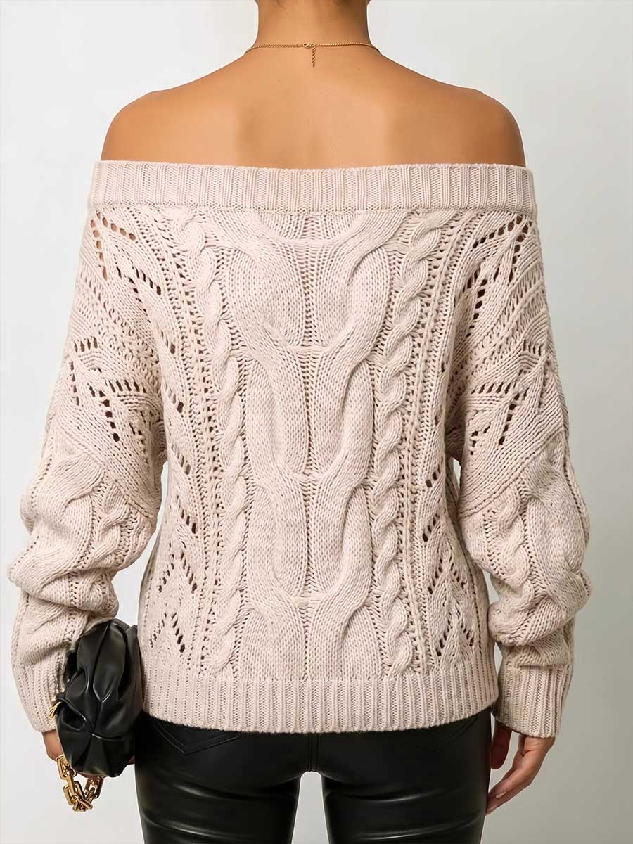 Women's Solid Color Off-shoulder Long-sleeved Casual Loose Knit Pullover Top